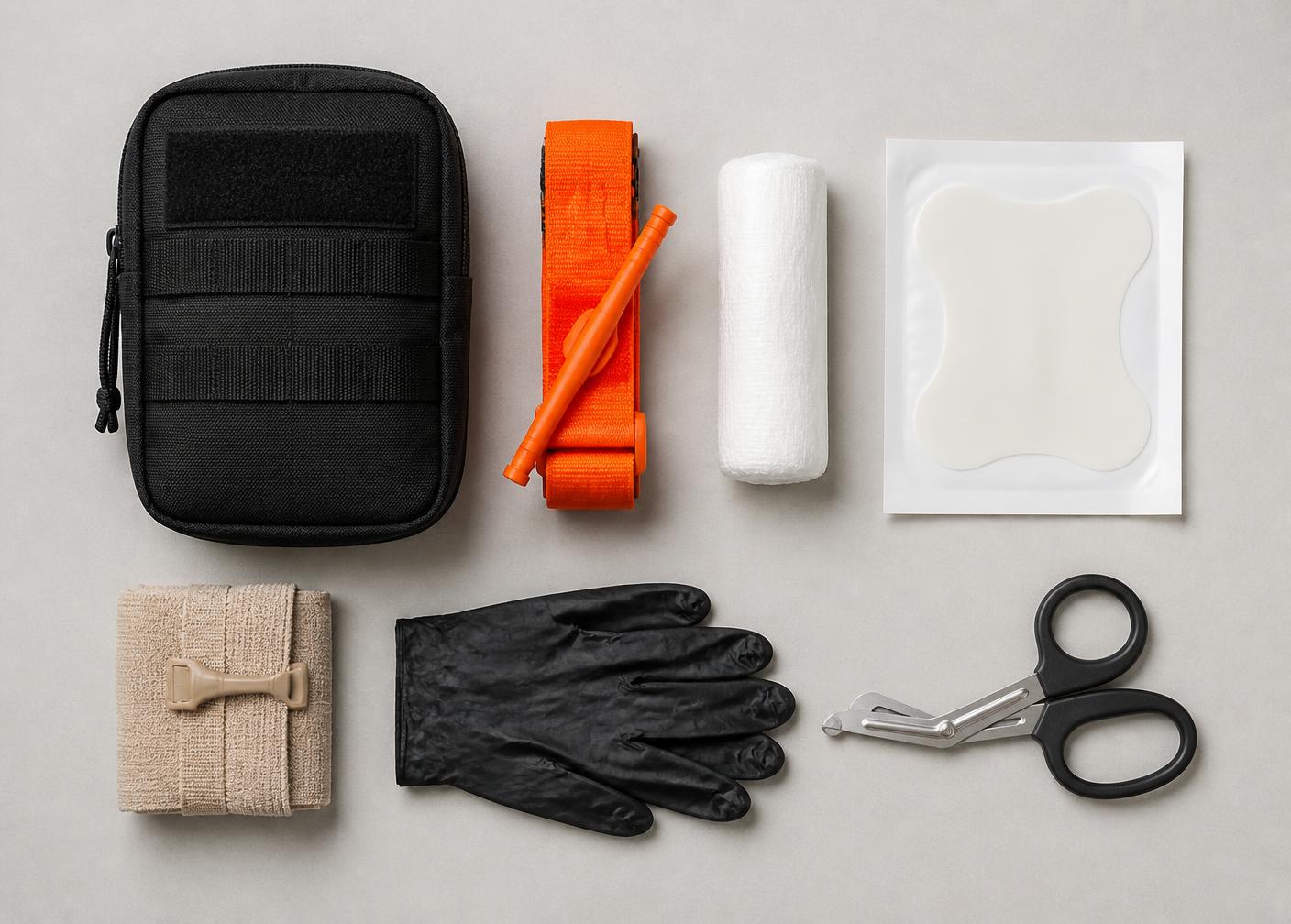 Contents of an individual first aid kit laid out flat